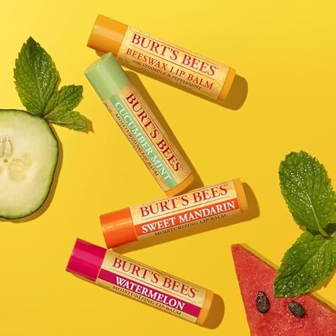 Burt's Bees LIP BALM STOCKING STUFFERS, MOISTURIZING LIP CARE CHRISTMAS GIFTS, FRESHLY PICKED - ORIGINAL BEESWAX, CUCUMBER MINT, WATERMELON, & SWEET MANDARIN, NATURAL ORIGIN TREATMENT (4-PACK) - Image 4